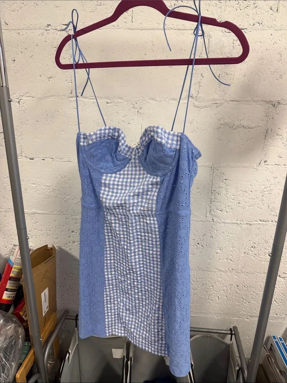 Light Blue Gingham Eyelet Mini Dress with Spaghetti Straps NWT Size Large